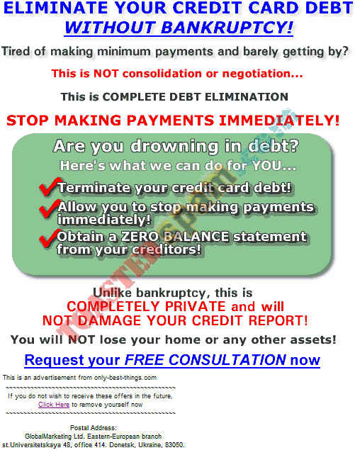 toastedspam.com only best-things.com_0006 - 2004-01-22	debt elimination - www.only-best-things.com/leads mailto:slana73@mail.ru